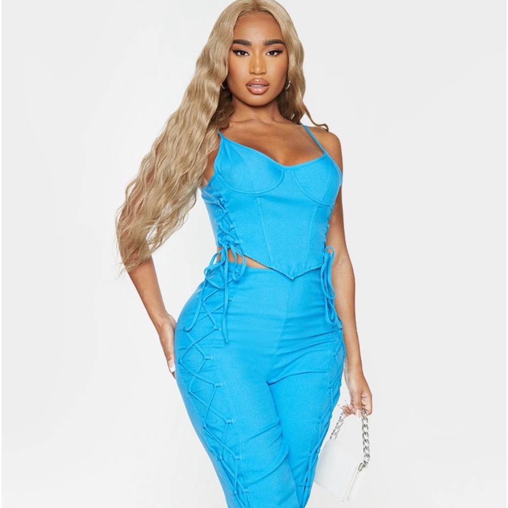Pretty Little Thing Bright Blue Lace up detail pants set. Retails $60